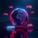 A digital globe with domain names .com, .ng, .eth, and .ai floating around it, symbolizing internet real estate.